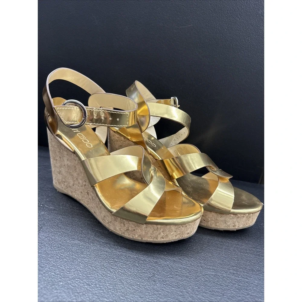Jimmy Choo Gold Platform Heels Ankle Strap Leather Open Toe (SEE PICTURE )